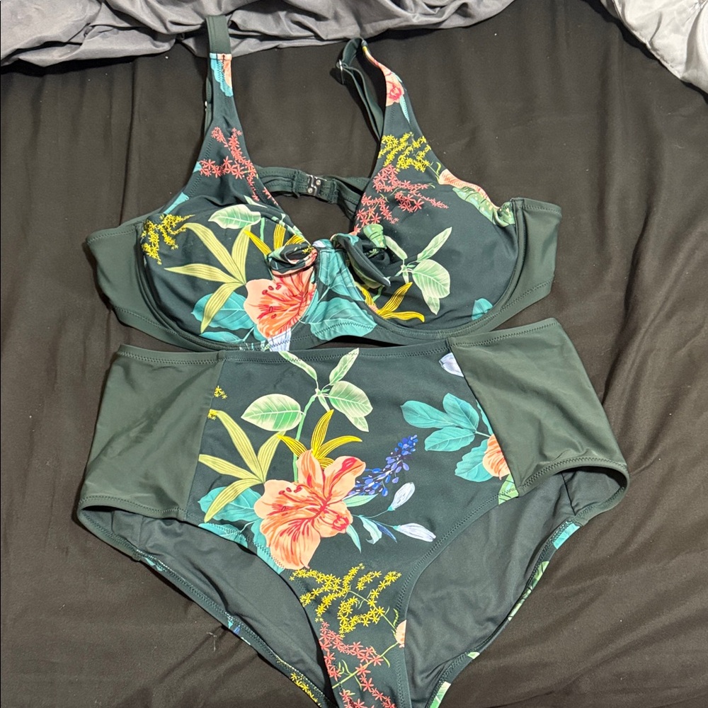 Cupshe Floral Bikini Set - Dark Green with Multicolor Accents